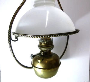 Vintage Brass Hanging Ceiling Oil Lamp With Opaline White Glass Shade - Picture 1 of 11