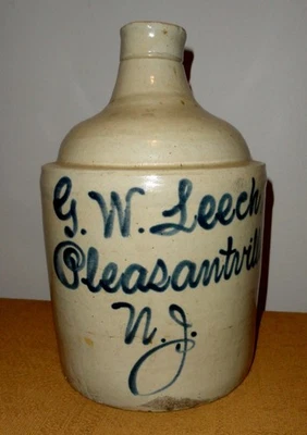 Rare Pleasantville, NJ Stoneware Cobalt Script Blue Decorated Advertising Jug - Image 1 of 4