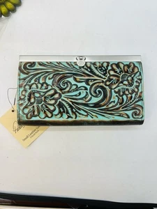 Patricia Nash Cauchy Leather Wallet Turquoise Tooled Blue RFID Block Push Lock - Picture 1 of 7