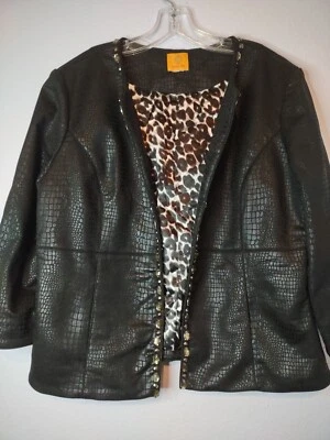 Ruby Rd Jacket Black Trimmed With Jewels And Lining Animal Print Size Lg Pockets - Image 1 of 4