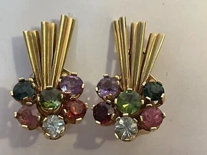 18k Yellow Gold Multi-Gem Clip Earrings Topaz Garnet Amethyst Tourmaline Citrine - Picture 1 of 8