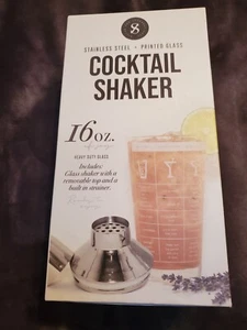 Silver One International Stainless Steel Printed Glass Recipe Cocktail Shaker 16 - Picture 1 of 4