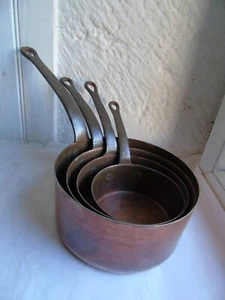 French 4 copper pots sugar pots saucepans iron handle copper rivets - Picture 1 of 10