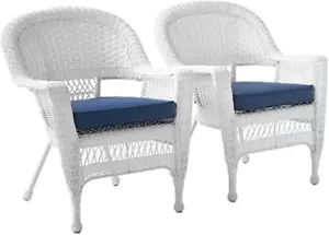Wicker Chair with Blue Cushion, Set of 2, White/W00206- - Picture 1 of 9
