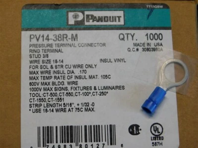 1000 Panduit PV14-38R-M 3/8" Stud Blue Insulated Ring Terminals 18-14 AWG - Image 1 of 2