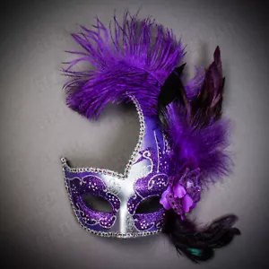 Women Female Face Masquerade Prom Luxury Party Mask Costume with Purple Feather - Picture 1 of 7