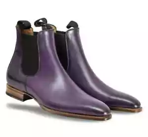 Handmade Men's Chelsea Jumper Ankle High Purple Leather Burnished Toe Men Boots - Picture 1 of 5