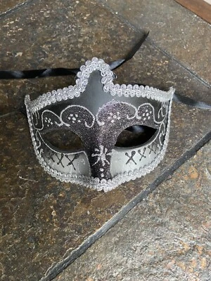 Black Silver Venetian Mask Masquerade Prom Party Mardi Gras Halloween Wedding - Image 1 of 4