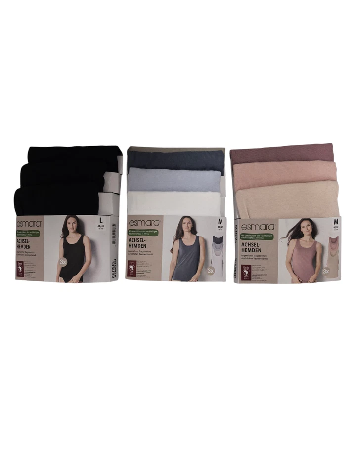 Esmara Unterhemden Damen 3 Stück Baumwolle Unterwäsche S M L Schwarz Blau Rosa