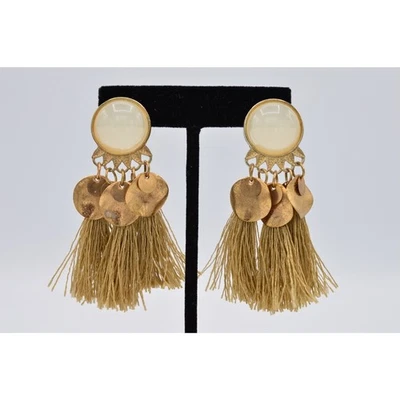 Pendientes de borla llamativos colgantes Lucita cabujón tela con cuentas beige BinAB Foto 1 de 4