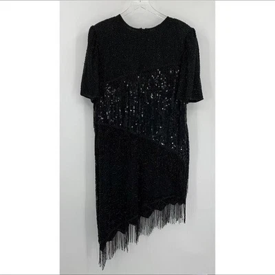 Vestido Scala Vintage Lentejuelas Negro Formal Flecos Dobladillo Diagonal Cuentas XL Foto 1 de 4