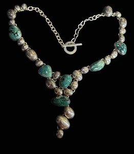 Vintage Navajo 925 Sterlingsilber Y Tropfen Halskette Türkis 18" Knebel - Bild 1 von 9