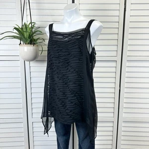 Eileen Fisher Black Crinkle Chiffon Ribbons Sheer Silk Sleevess Tunic Top Size L - Picture 1 of 11