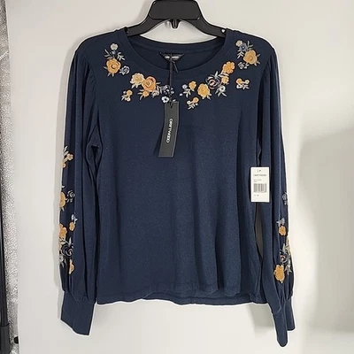 NEW Driftwood Navy Blue Floral Embroidered Top Size Medium  Long Sleeve  - Image 1 of 4