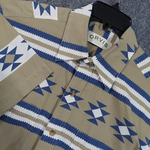 Orvis Shirt Mens Medium Tan Blue Southwestern Aztec Short Sleeve Button Up Print - Picture 1 of 9