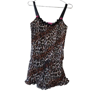 Betsey Johnson Intimates Leopard Print Romper Women Size M Brown Black Pink Trim - Image 1 of 4