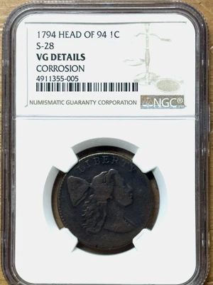 1794 1C Head of '94 Sheldon-28 NGC VG Details Corrosion - Image 1 of 4
