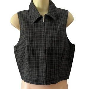 Limited Size S Gray & Black Plaid Zip Front Vest Cropped Lined Y2K - Picture 1 of 9