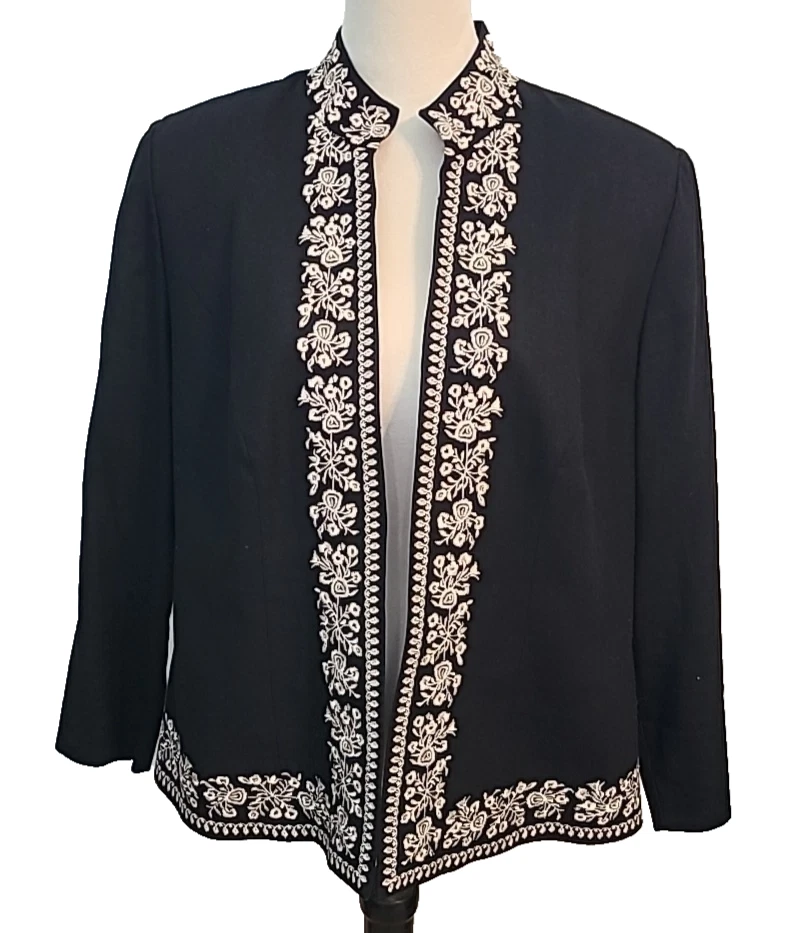 Blazer Jessica Howard 16 Petite Negro Beige Lino Bordado Chaqueta Boho Otoño Foto 1 de 4
