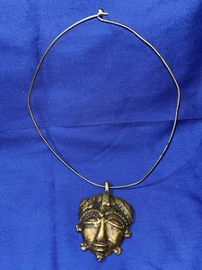 Vintage Brass African Mask Pendant on Brass Wire Necklace 16” - Picture 1 of 5