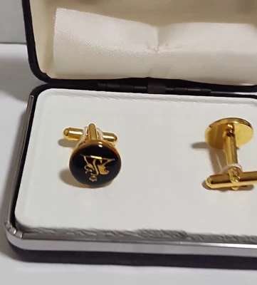 GEOFFREY BEENE Gemelos Negro y Dorado Dos Tachuelas de Esmoquin En Caja/85/ Foto 1 de 4