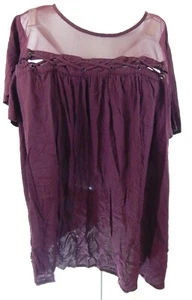 Torrid Women's 3 3X Top Lace Up Trim Mesh Inset Blouse Merlot Burgundy Plus EUC - Picture 1 of 3