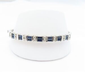 14K White Gold Baguette Sapphire & ~3/4CTW Diamond Channel-Set Bangle Bracelet 