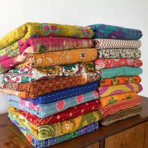 Lot 20 Pcs Single Vintage Quilt Bed Runner Kantha Vintage Bedspread Cotton - Picture 1 of 4