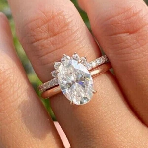 Oval 3.10 CTW Moissanite Hidden Halo Engagement Set Ring 14K Yellow Gold Plated - Picture 1 of 7