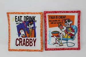 Crabby Maxine Pot Holder Hot Pad TALK IS CHEAP Reversible 9” Eat Drink Set of 2 - Picture 1 of 11