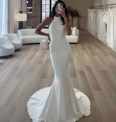 Simple Mermaid Wedding Dresses Halter Neck Sleeveless Court Train Bridal Gowns - Image 1 of 4