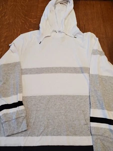 American Eagle Mens XXL White Black Gray striped Drawstring Pullover Hoodie - Picture 1 of 12