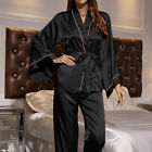 Womens Satin Pyjama Set Silky Summer Lounge Wear Pajamas Long Sleeve Kimono Pjs