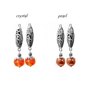 Earrings Orange crystal pearl filigree, long drop, choose clip on or pierced - Imagen 1 de 3