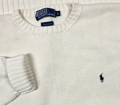 Suéter De Colección Años 90 Polo Ralph Lauren Tejido Para Hombres L Marfil Blanco Crema Cuello Redondo Foto 1 de 4
