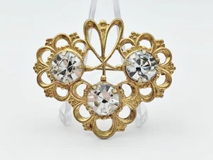 Brooch Trefoil Gilt Bouquet Flowers Rhinestones Vintage Pin Jewelry 60s USSR - Picture 1 of 12