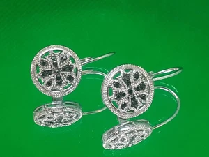 RJC 925 Sterling Silber Ohrhänger schwarz Blumen Kreuz Design Vintage Ohrringe - Bild 1 von 11