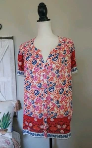 Blusa Top Rosa + Oliva Floral Gasa Manga Corta Abotonada Talla 1x - Imagen 1 de 16