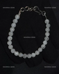 Sterling Silver Round Rainbow Moonstone Gemstone Beaded Crown Chakra Bracelet - Picture 1 of 12