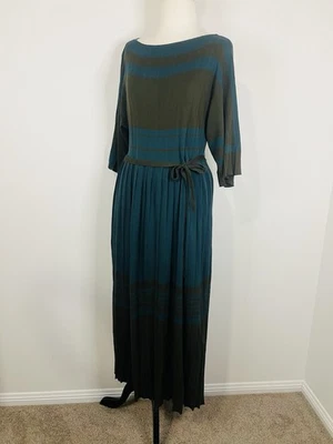 Scanlan Theodore Long Sleeve Crepe Knit Teal Olive Green Stripe Dress Size S - Image 1 of 4