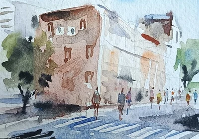 original watercolor painting ACEO town street architecture Buildings figure SIBY - Image 1 of 3