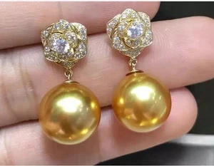 Gorgeous a pair of HUGE AAAA 10-11mm south sea Round Golden pearl earring 925s - Picture 1 of 2