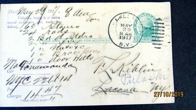 UX27 Lacona NY, 1917, Consigned freight at RR yard, charges are listed, Fine - Image 1 of 2