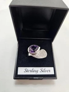 Concave Cut Zambian Amethyst & White Zircon / Womens Ring - Picture 1 of 6