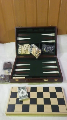 LARGE BACKGAMMON, CHESS, DOMINOS, CARDS, GAMES SET FAUX LEATHER CARRY CASE - Image 1 of 4