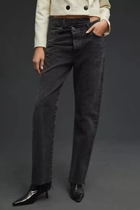 NWT AGOLDE Criss Cross Frayed High Rise Straight Leg Jeans Size 32 Black #8E401 - Picture 1 of 13