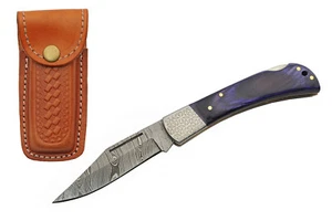 Klappmesser | 3,5 Zoll Damaststahl Klinge blau Holzgriff Lockback + Hülle - Bild 1 von 6