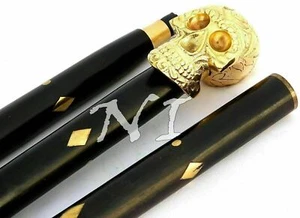 Skull Head Brass Solid Handle Antique Walking Stick Black Wooden Shaft Cane Gift - Picture 1 of 5