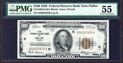 🇺🇸 "KEY" NOTE!  1929 $100 FRBN ♚♚ DALLAS ♚♚ PMG ABOUT UNC 55 GORGEOUS! - Image 1 of 2