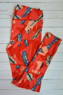 Leggings Lula Roe TC alta e curvilínea tamanho 12-18 vermelha com penas azuis - Imagem 1 de 3